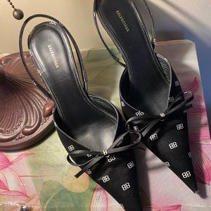 Balenciaga Black BB Logo Satin Knife Slingback Pumps Size 38